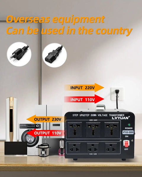 5000 Watt Voltage Converter Transformer Heavy Duty Step Up And Down 110V 120V To 220V 240V on table with connected devices.
