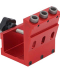 Pro Level Adjustable Pocket Hole Jig Kit Built From Tough Aluminum With Three Step Drill Bits, detailed view of the jig's red body.