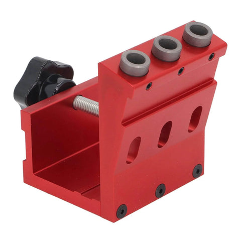 Aluminum Alloy Hole Jig System For Woodworking DIY Projects With 3 Step Drill Bits For Cabinet And Furniture Assembly Portable Durable Screw Jig Alternative For Do It Yourself Pros Clean Drilling And Debris Removal showing red jig