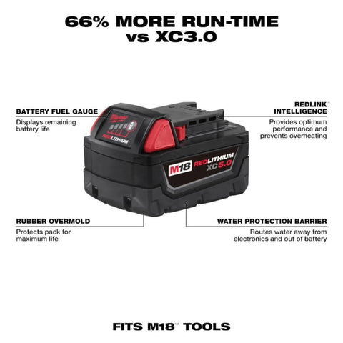 Pro Grade 1/2 Inch High Torque Cordless Impact Wrench With 5.0 Ah Battery showing M18 REDLITHIUM XC 5.0 battery features and labels.
