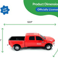 Side view of red Ram Truck Toy With Trailer Hitch Realistic One Twenty Scale Farm Vehicle For Kids 6666 Ranch dimensions