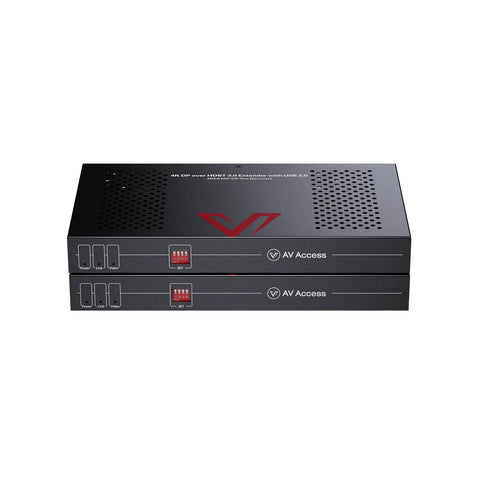 4K DisplayPort KVM Extender Over Ethernet HDBaseT 3.0 PoE With Uncompressed DP 1.2a Transmission 4K60Hz Zero Latency 100m Range For Pro Gaming Setups And Workstations. Black metal receiver unit, front view