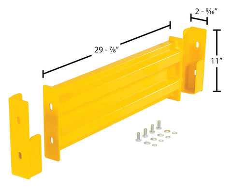 Two Ribbed Steel Drop In Guard Rail 30 Inch Yellow Powder Coat Heavy Hitter Warehouse Impact Buffer With Pre Drilled Holes and mounting hardware.