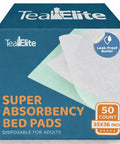 Heavy Duty Disposable Adult Bed Pads Super Absorbent Extra Large Incontinence And Pet Care No Sweat Worry Free Leak Seal Protection Top Shelf 50 Count Bundle For Stress Free Daily Living box displaying bed pads with leak-proof barrier label.