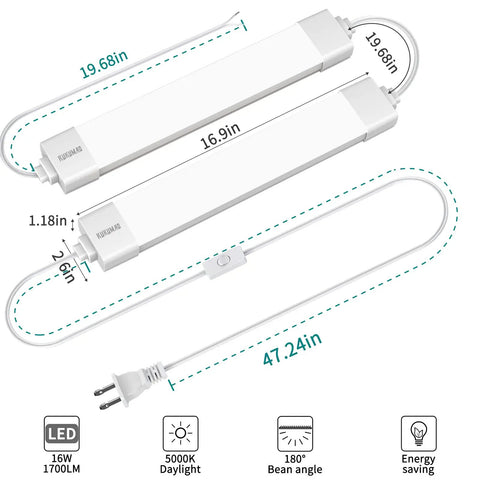 Diagram showing Ultra Bright Led Tube Light Fixture With Plug 1.4Ft 1800 Lumens 5000K Daylight dimensions and features