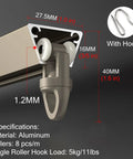 Close-up of Commercial Grade Sliding Barn Door Hardware Kit showing aluminum rail, hooks, and detailed measurements for easy installation.
