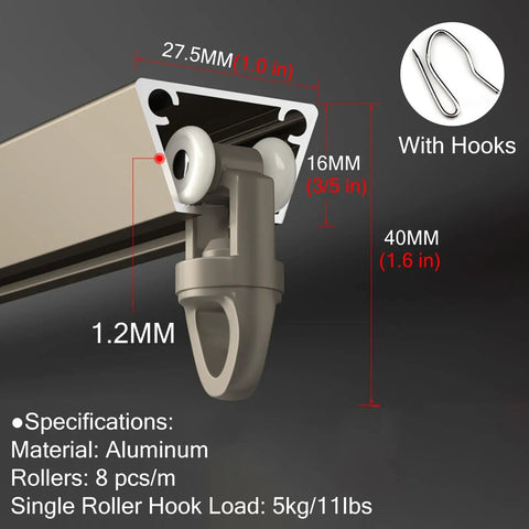 Close-up of Commercial Grade Sliding Barn Door Hardware Kit showing aluminum rail, hooks, and detailed measurements for easy installation.