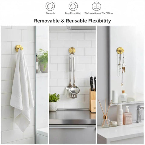Heavy Duty Suction Cup Hooks For Shower Stainless Steel No Drill Mounts With Strong Vacuum Grip Waterproof For Glass Doors Tile And Mirror Damage Free Installation By Pressing And Twisting To Lock Great For Towels Wreaths And More - three scenarios showing towel, kitchen tools, and jewelry on hooks