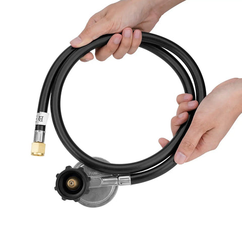 Hands holding Rugged 4 Foot Vertical Propane Hose With Low Pressure Regulator For LP Gas Grills Heaters And Fire Pits QCC1 Type 1