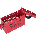 Portable Big Red Stainless Steel Lockout Tagout Box For Group Lockout Procedures 12 locking holes with open lid.