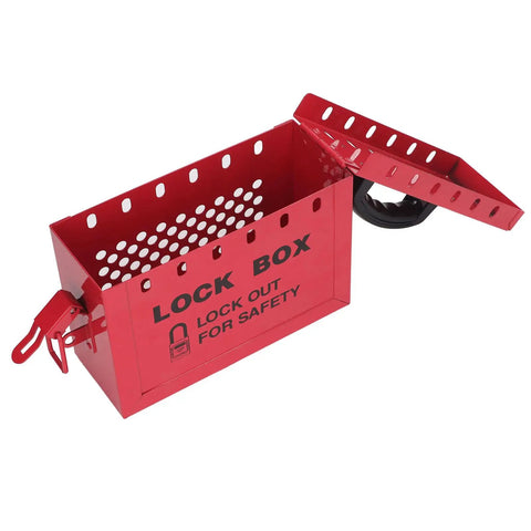 Portable Big Red Stainless Steel Lockout Tagout Box For Group Lockout Procedures 12 locking holes with open lid.