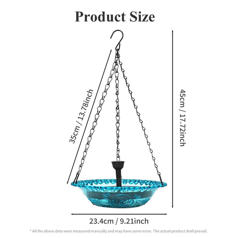 Hanging Bird Bath With Solar Powered Fountain For Outdoor Garden Patio Lawn And Backyard Birds Water Feature showing dimensions