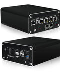 Core I5 1240P Mini Pc Built Tight For Rip Roaring Network Tasks With Dual Ten Gbe Sfp Firewall And Quad Point Two Five Gbe Lan Ports For Slick Home Lab Routing Delivering Badass Speed With Ddr5 32G Ram And 1Tb Ssd, compact black network appliance with multiple Ethernet ports.