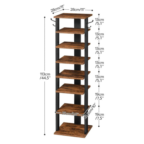 8-Tier Vertical Wooden Shoe Rack With Hooks Space Saving Narrow Shoe Tower That Holds 8 Pairs For Entryway Living Room And Bedroom