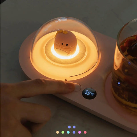 Smart Cup Warmer Heating Pad With Adjustable Temperature Controls features a glowing dome and touch controls for hot beverages.