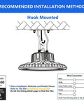 Recommended installation method for 200W LED High Bay Light With 30000LM Beastly Brightness, 0 To 10V Dimmable, 5000K UFO LED Commercial Bay Lighting For Workshop Warehouse Garage, 550W MH HPS Equivalent, Hanging Hook And Safe Rope, UL DLC Listed 2 Pack, showing hook mount diagram.
