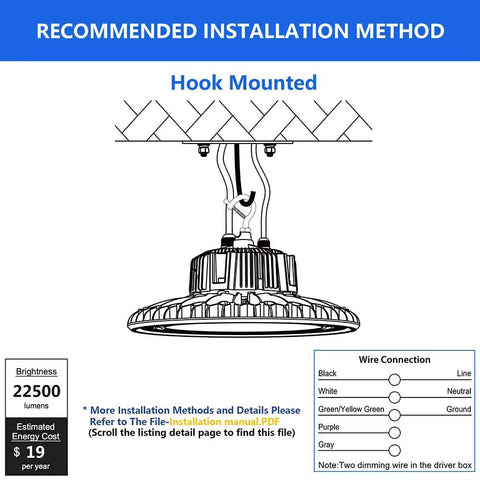 Recommended installation method for 200W LED High Bay Light With 30000LM Beastly Brightness, 0 To 10V Dimmable, 5000K UFO LED Commercial Bay Lighting For Workshop Warehouse Garage, 550W MH HPS Equivalent, Hanging Hook And Safe Rope, UL DLC Listed 2 Pack, showing hook mount diagram.
