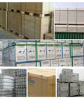 Rock Solid Pet Poly Strapping Roll securing various pallets of packaged goods with heavy duty plastic banding.