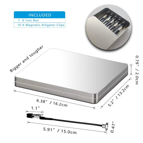 Steel box and magnetic clips for All In One Soldering Aid Station With Magnetic Base And 12 Flexible Clips; size and dimensions