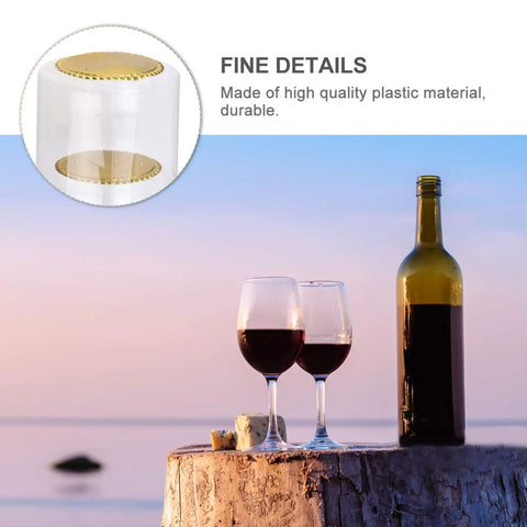 Clear PVC heat shrink wine bottle cap detail with golden top, ideal for sealing wine bottles and home crafting projects.