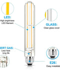Clear LED bulb illustration with focus on bright filament, glass cover, and E26 base for 6 Pack E26 LED Bulbs 6W Dimmable 2700K Soft White 800 Lumens Equal 80W Tubular T10 T9 Long Clear Glass For Rustic Pendant Lights Pipe Wall Sconces And Chandeliers