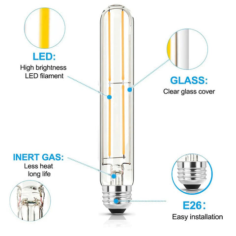 Clear LED bulb illustration with focus on bright filament, glass cover, and E26 base for 6 Pack E26 LED Bulbs 6W Dimmable 2700K Soft White 800 Lumens Equal 80W Tubular T10 T9 Long Clear Glass For Rustic Pendant Lights Pipe Wall Sconces And Chandeliers