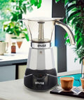 Heavy Duty Cast Aluminum Electric Espresso Maker Brews Three Or Six Cups with sleek silver design and cool touch grip.