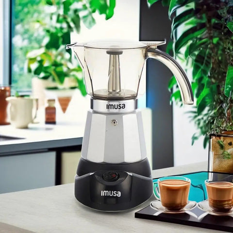 Heavy Duty Cast Aluminum Electric Espresso Maker Brews Three Or Six Cups with sleek silver design and cool touch grip.