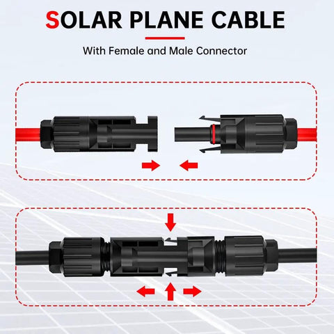 Diagram of 10 AWG solar panel connector cable with male and female connectors for generator, inverter, and battery charger.