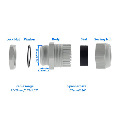 One And A Half Inch NPT Strain Relief Nylon Cord Grip Waterproof Cable Glands Five Pack Adjustable Wire Cord Grip Connector IP68 CE ROHS Listed White Rugged Heavy Duty parts layout