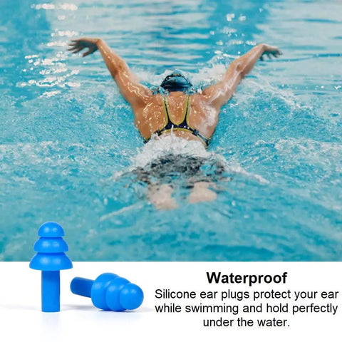 Person swimming with soft reusable silicone ear plugs for swimming sleeping and concerts with individually wrapped waterproof ear protection in focus.