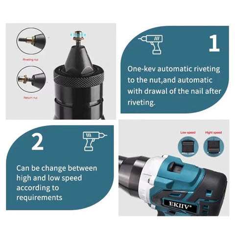 Brushless Cordless Rivet Nut Tool Electric Pull Riveter Gun With M3 To M12 Threads showing automatic riveting features.