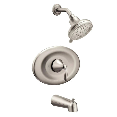 Eva Posi-Temp Eco-Performance Tub And Shower Trim Kit in Brushed Nickel, includes showerhead, handle, and spout for 2 or 3 hole valves
