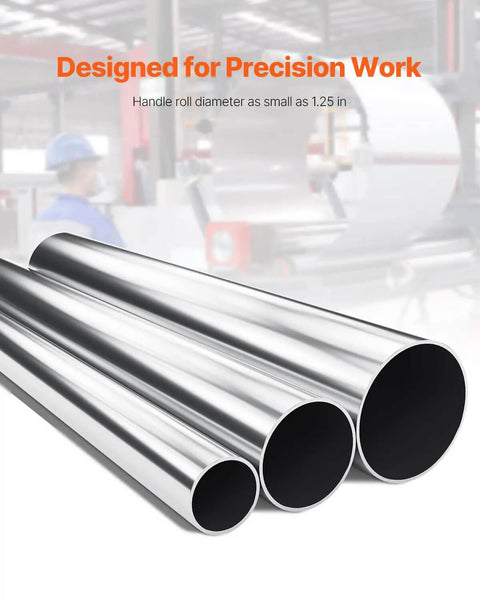 Metal tubes beside text highlighting precision work capability of Beefy Slip Roll Metal Forming Machine 12.6 Inch With Detachable Rollers