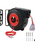 Retractable 50 Ft Extension Cord Reel With Heavy Duty 14 AWG SJTOW Power Cord 13 Amp Breaker Lighted Triple Tap