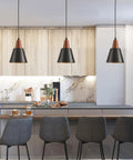 Top Tier Black Pendant Lights Set Of Two Slick Wooden Dome Fixtures For Kitchen Island Or Rustic Barn, hanging over modern kitchen island.