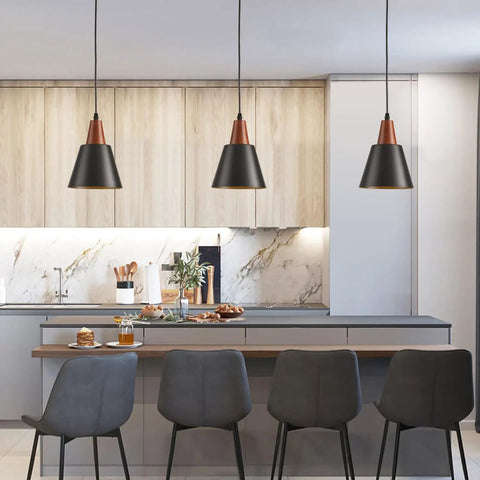 Top Tier Black Pendant Lights Set Of Two Slick Wooden Dome Fixtures For Kitchen Island Or Rustic Barn, hanging over modern kitchen island.