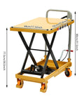Solid Frame Hydraulic Scissor Lift Table Cart With Five Hundred Pound Capacity And Four Quiet Rollers showing dimensions and design details.