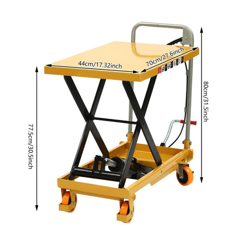 Solid Frame Hydraulic Scissor Lift Table Cart With Five Hundred Pound Capacity And Four Quiet Rollers showing dimensions and design details.