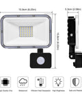 Heavy Duty Motion Sensor Outdoor Lights 30W LED Flood Lamp 2400 Lumens Super Bright 6500K Daylight IP67 Waterproof showing dimensions and features.