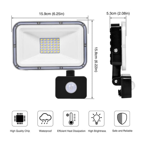 Heavy Duty Motion Sensor Outdoor Lights 30W LED Flood Lamp 2400 Lumens Super Bright 6500K Daylight IP67 Waterproof showing dimensions and features.