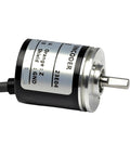 25mm Rotary Incremental Encoder E6A2 with 4mm solid shaft 3600 PPR, close-up view, black and silver, for CNC machines and robots