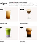 Various nitro drinks including NitroPress Ds Electric Nitro Cold Brew Coffee Maker, offering smooth, creamy beverages.