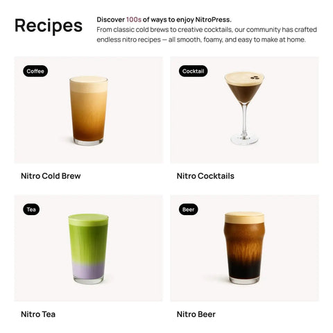 Various nitro drinks including NitroPress Ds Electric Nitro Cold Brew Coffee Maker, offering smooth, creamy beverages.