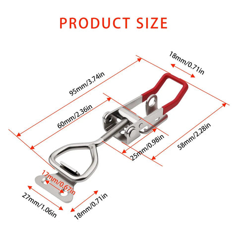 Beefy 304 Stainless Steel Toggle Latch Clamps Set Of Four with size measurements and red handle, quick release pull latches.
