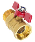 Dang Sturdy Three Quarter Inch Threaded Brass Ball Valve With Snappy Red Butterfly Handle for plumbing applications, close-up view.