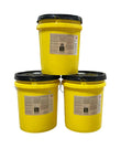 Three yellow buckets of Workhorse Polyaspartic Topcoat 15 Gallon Kit High Solids Clear Gloss Floor Coating stacked together.