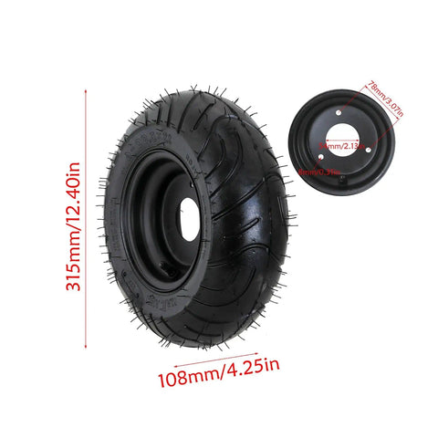 32 Inch Go Kart Rear Live Axle Kit With 420 Sprocket Chain 24T 28T Splines, 3 Stud Wheel Hub, and tire dimensions shown