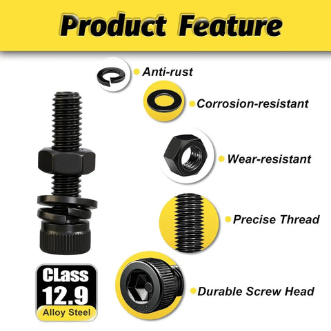 510 Piece M3 Long Screws Kit With Nuts And Washers Seven Sizes From M3x20 To M3x50 Hex Socket Head Cap Screws Alloy Steel Class 12.9 Black Zinc Plated DIY Friendly Gearhead Approved For RC Robotics Machinery Repairs black M3 screw with nut and washers, Class 12.9 alloy steel