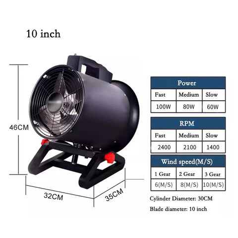 No Frills Heavy Duty Industrial Drum Fan 14 Inch Orange With Oscillating Head And Adjustable Tilt displayed with technical specs.